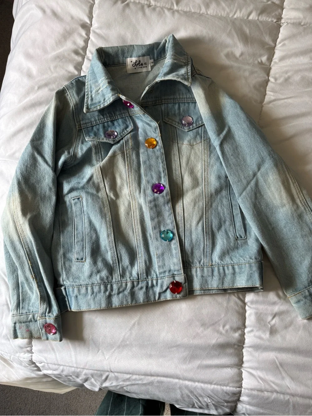 LOLA AND THE BOYS Kids Light Blue Denim Jacket with Sequin Rainbow Patch SIZE 6